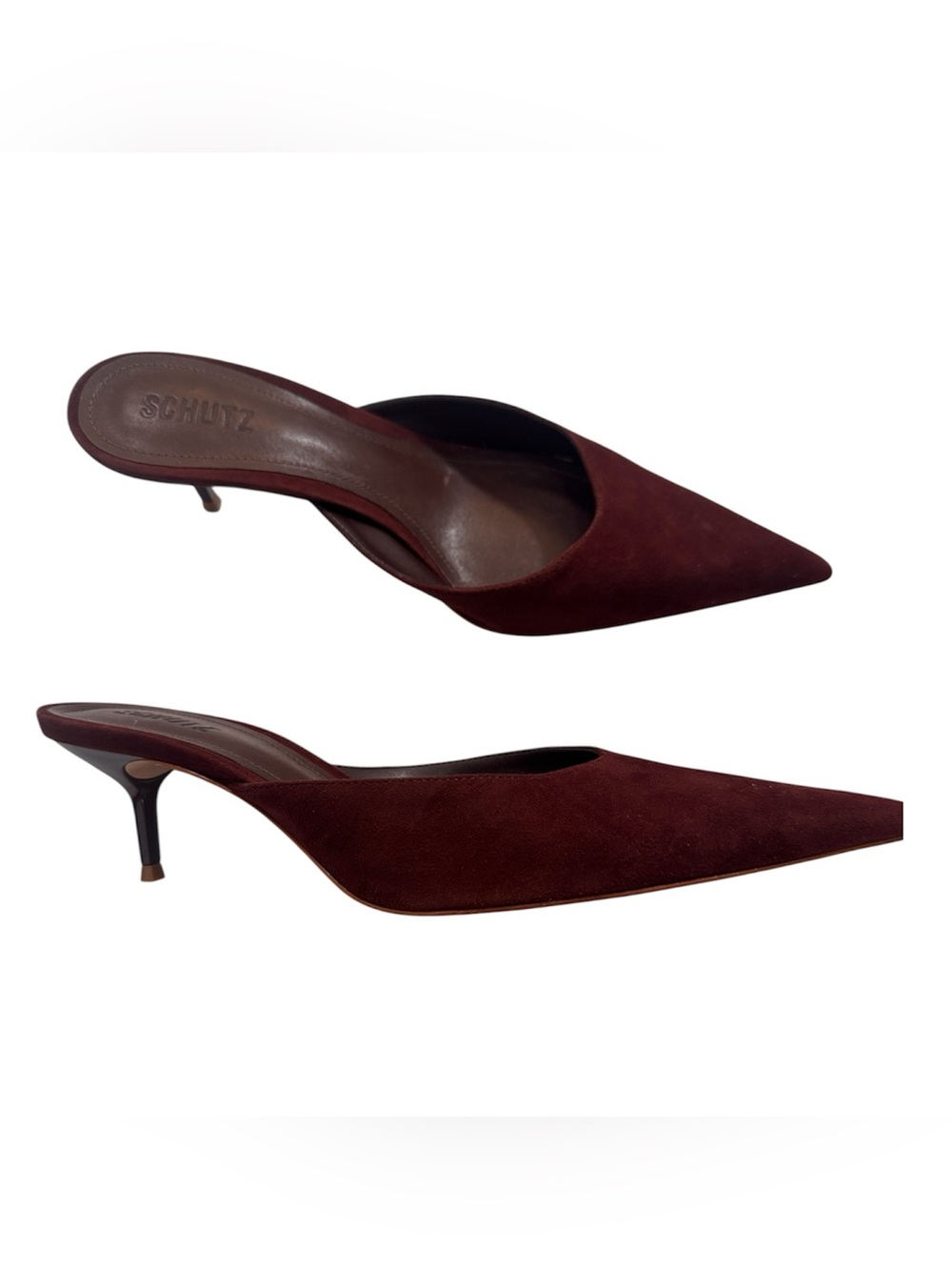 Schutz Burgundy Suede Leather Pointed Toe Mule Kitten Heels Womens 9.5 Classic